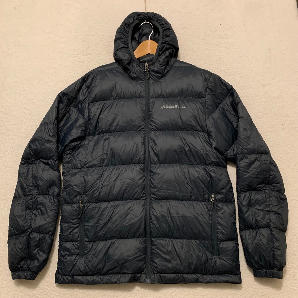 Eddie Bauer Wide Channel Hooded Down Puffer Jacket Mens M Full Zip Navy Blue